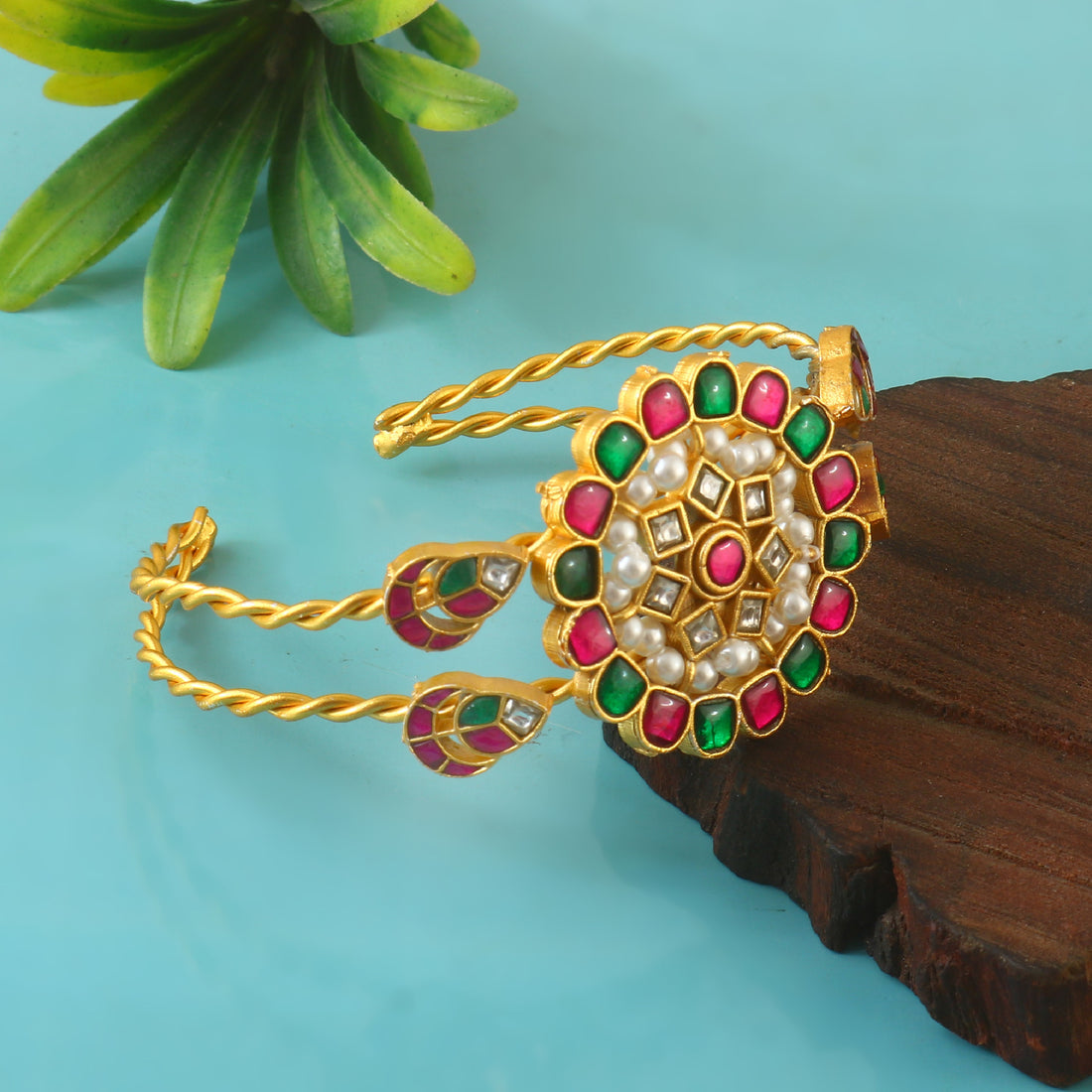 Jadau Kundan Bangle in Gold Finish with Red, Green and White Kundan Stones