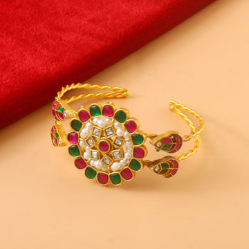 Jadau Kundan Bangle in Gold Finish with Red, Green and White Kundan Stones
