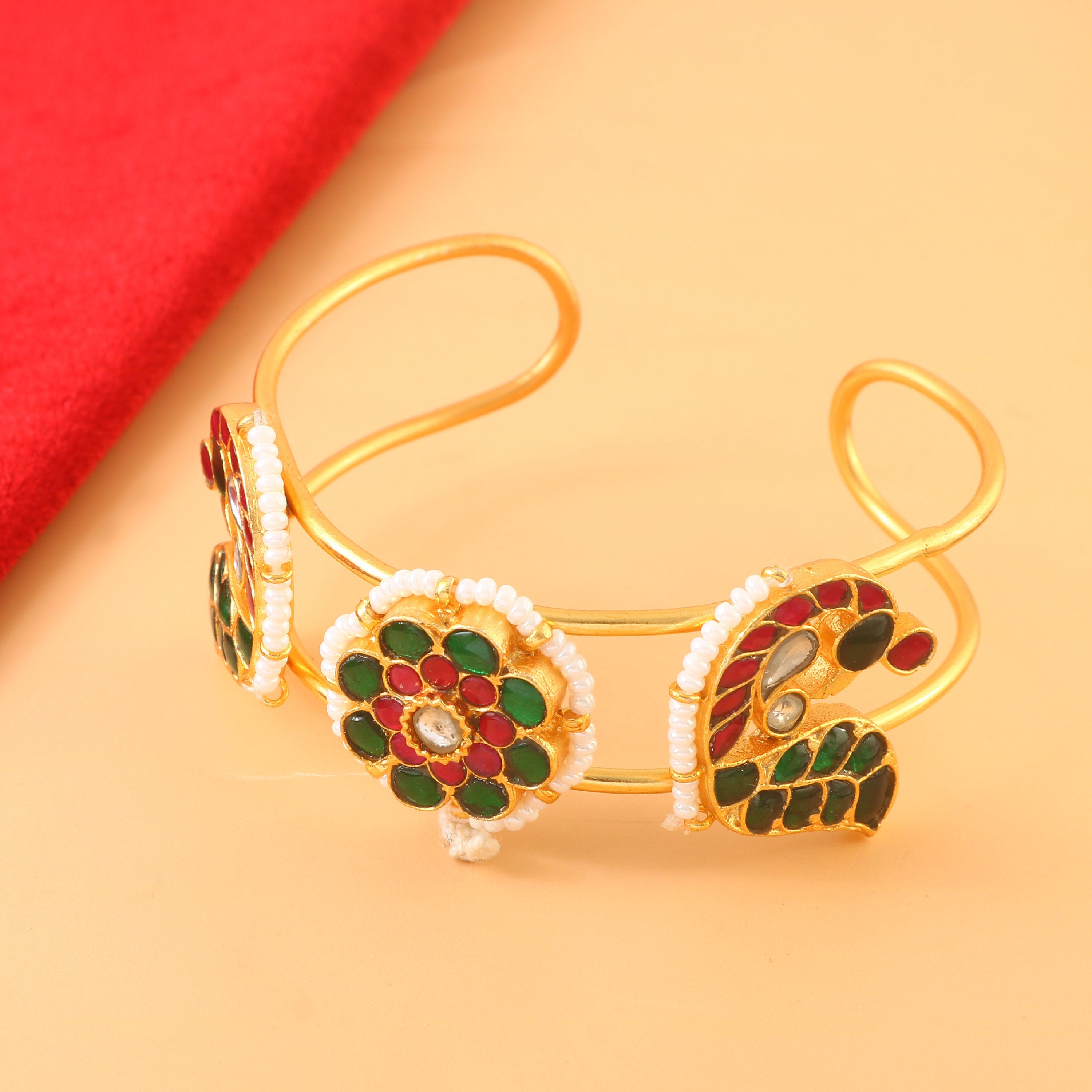 Gold Kundan Bangle with Green and Red Enamel Floral and Peacock‑inspired Motifs
