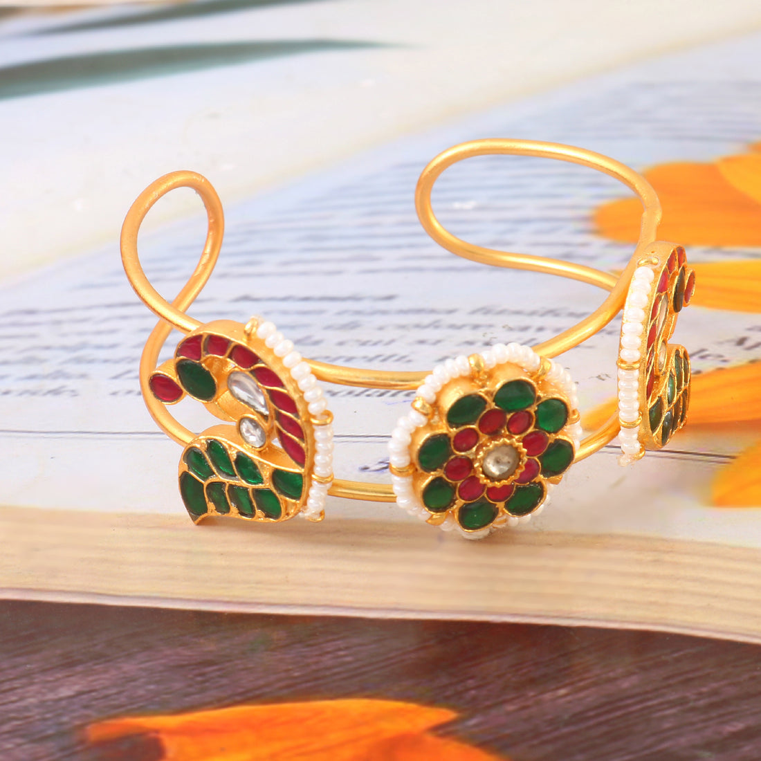 Gold Kundan Bangle with Green and Red Enamel Floral and Peacock‑inspired Motifs