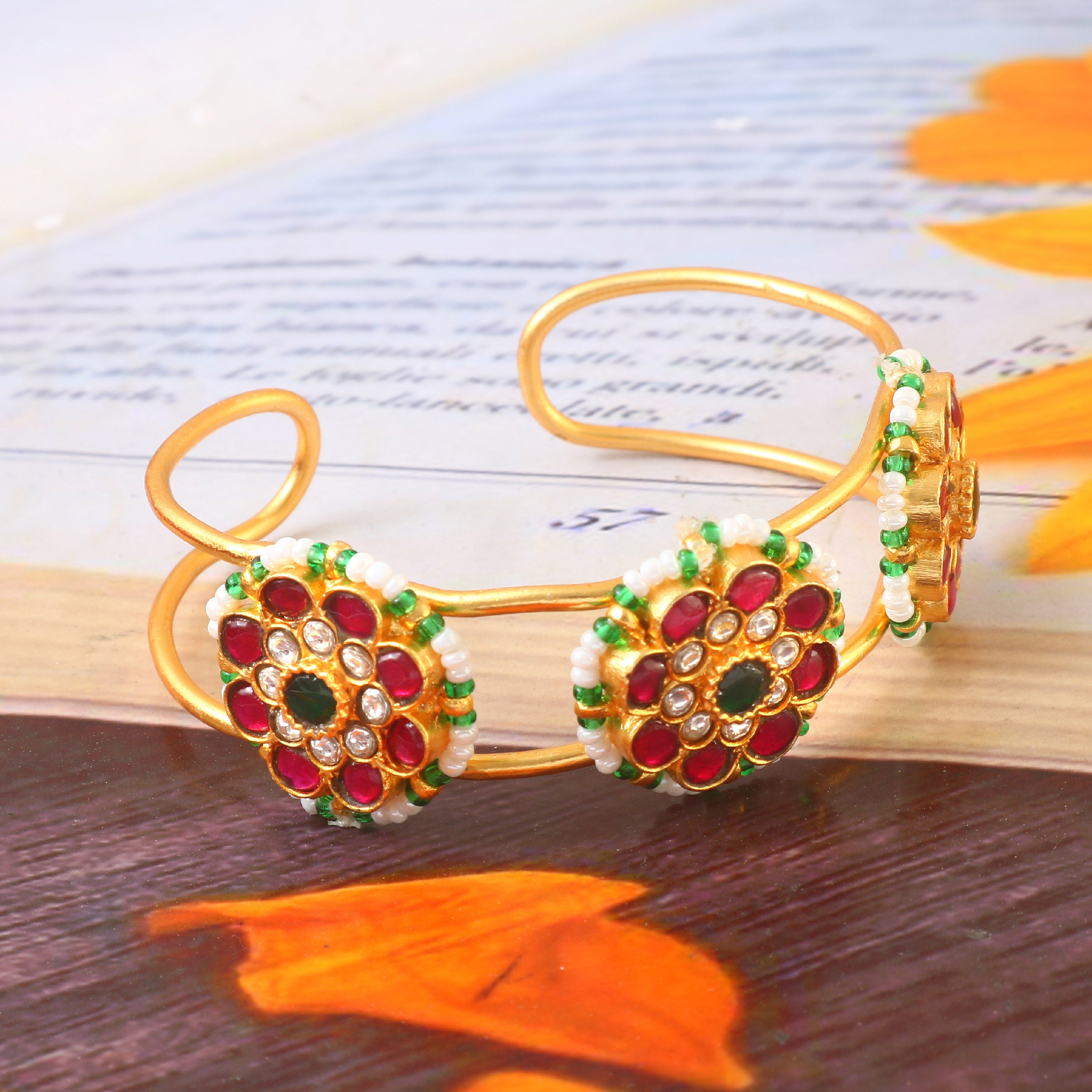 Ethnic Kundan Bangle Featuring Red and Green Stones and White Beads
