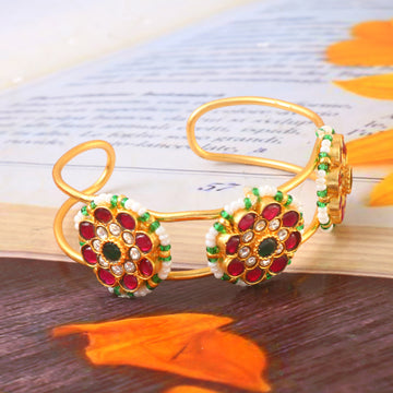 Ethnic Kundan Bangle Featuring Red and Green Stones and White Beads