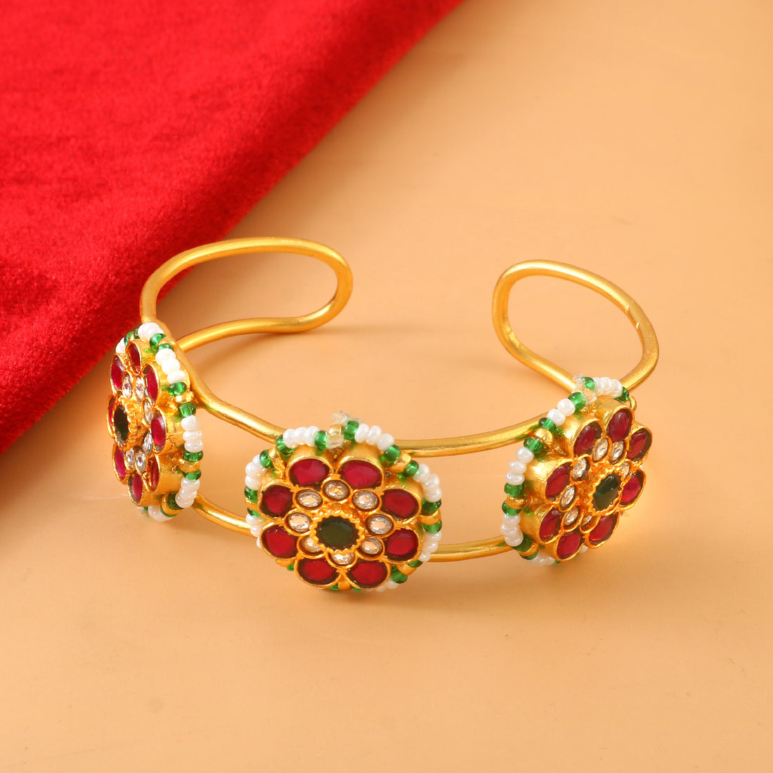 Ethnic Kundan Bangle Featuring Red and Green Stones and White Beads