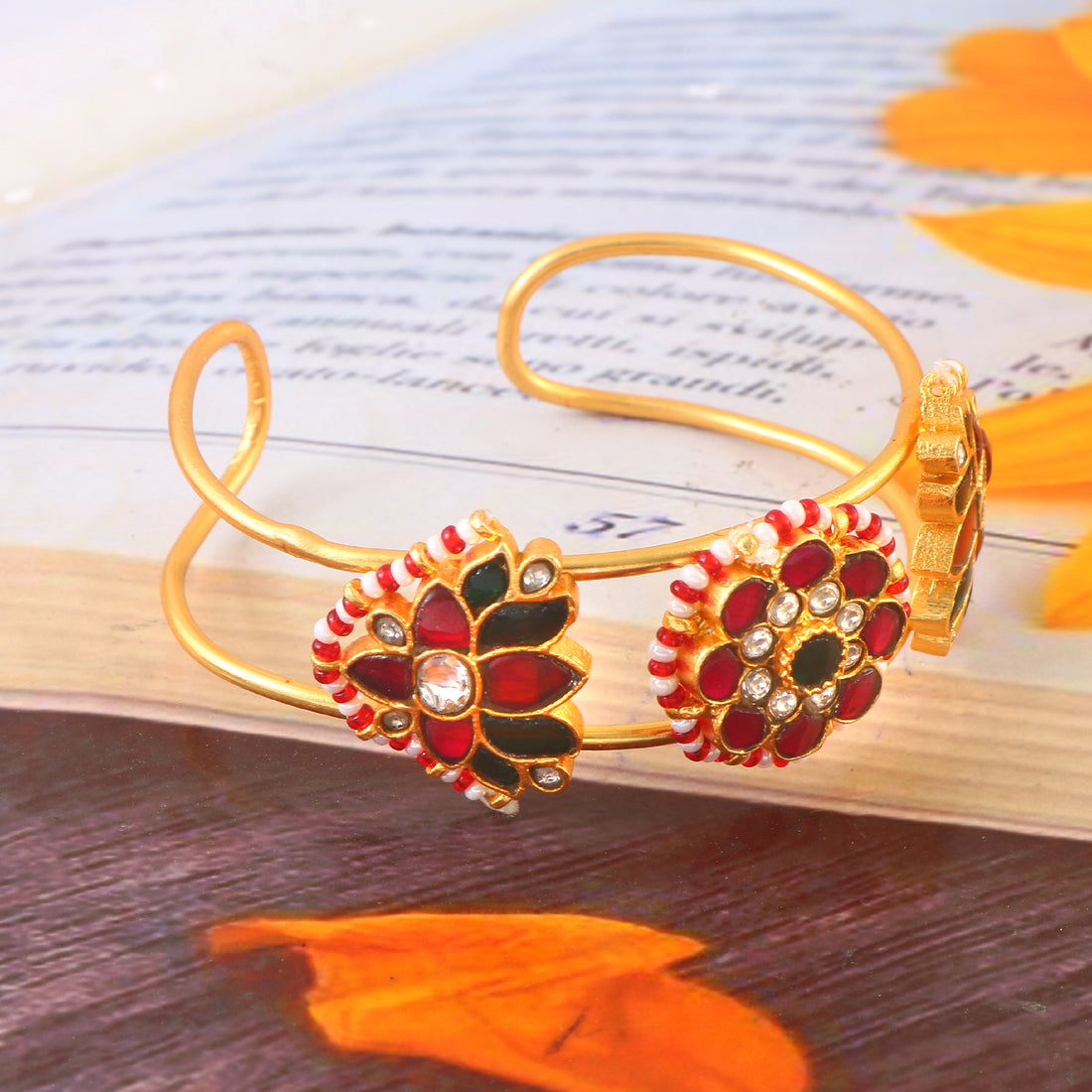 Handcrafted Kundan Bangle in Gold Finish with Bold Red and Green Enamel Flower Design
