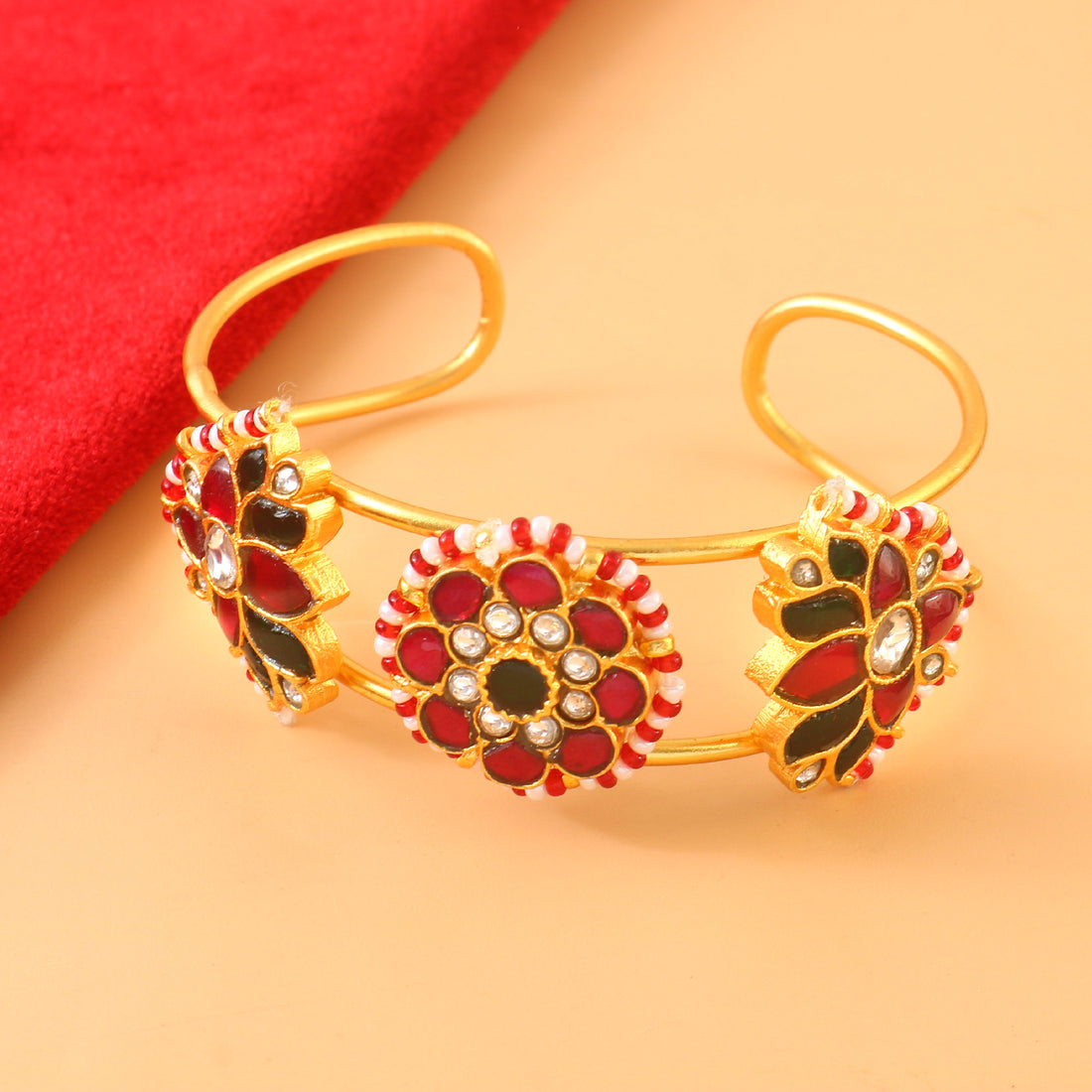 Handcrafted Kundan Bangle in Gold Finish with Bold Red and Green Enamel Flower Design