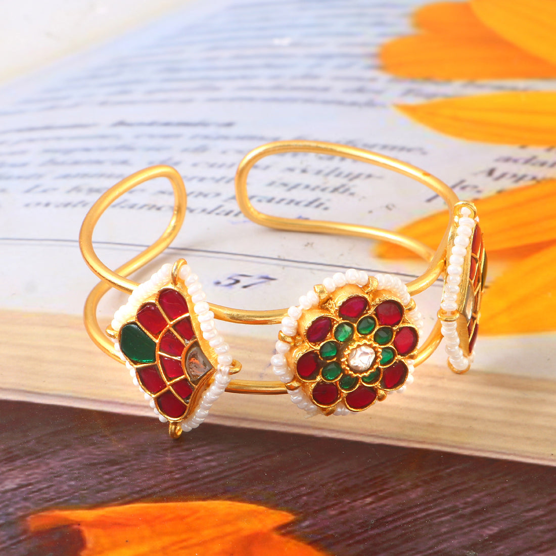 Kundan Bangle in Gold with Green and Red Stone Floral Design