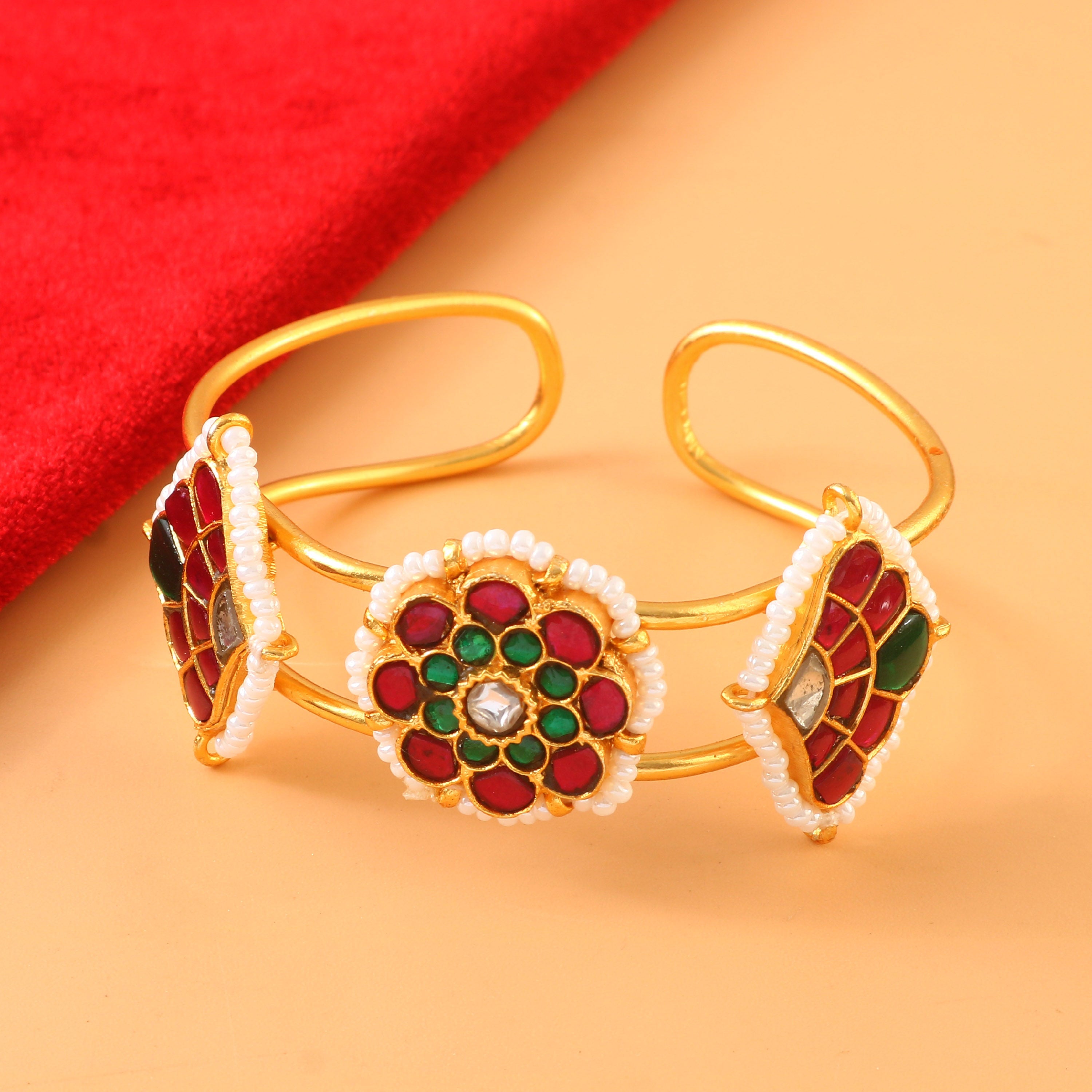 Kundan Bangle in Gold with Green and Red Stone Floral Design