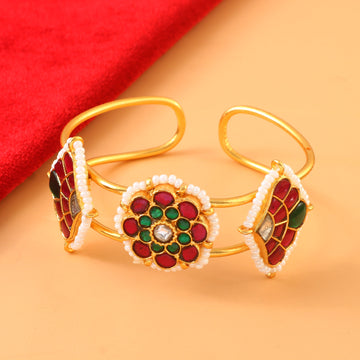 Kundan Bangle in Gold with Green and Red Stone Floral Design