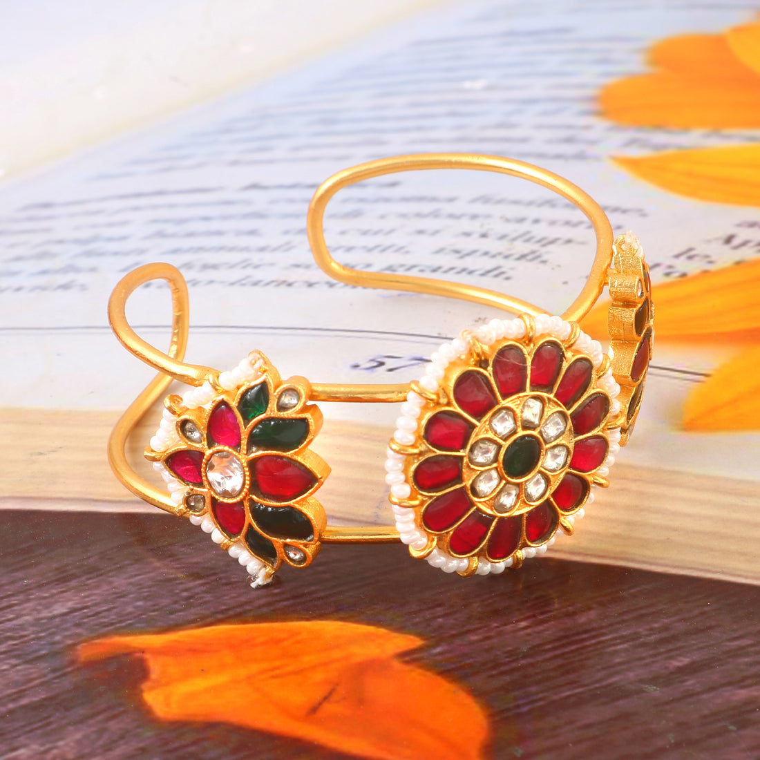 Gold-Tone Kundan Bangle Featuring Round Floral Motifs with Red and Green Enamel Accents