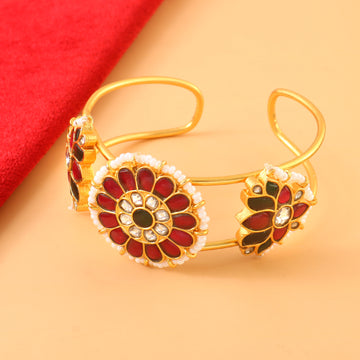 Gold-Tone Kundan Bangle Featuring Round Floral Motifs with Red and Green Enamel Accents