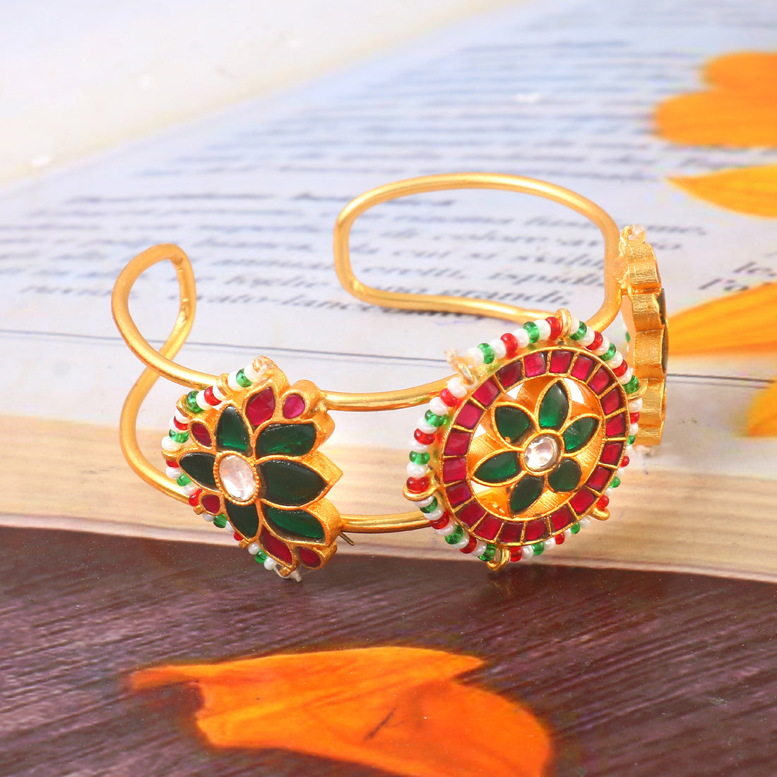 Kundan Bangles with Green and Red Gemstone Accents