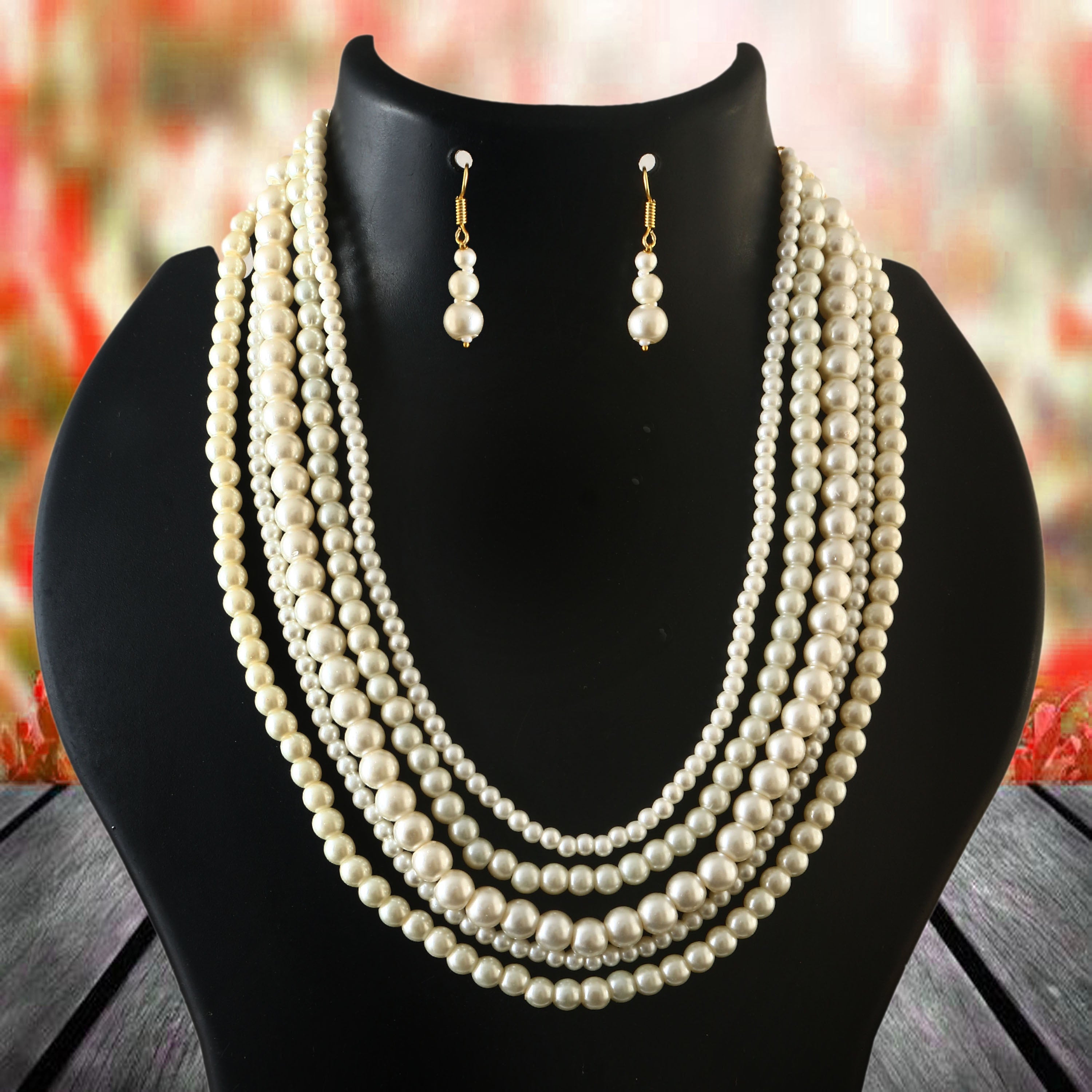 3 Layer White Beads Necklace with Matching Earrings
