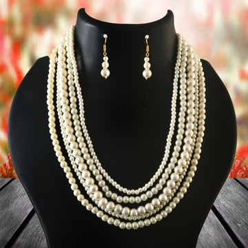 3 Layer White Beads Necklace with Matching Earrings