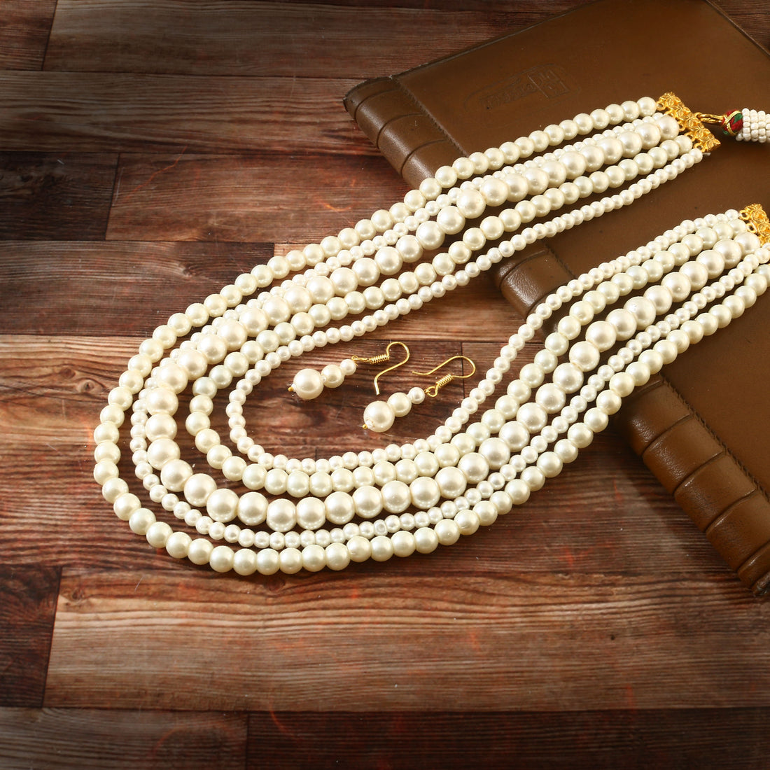 3 Layer White Beads Necklace with Matching Earrings