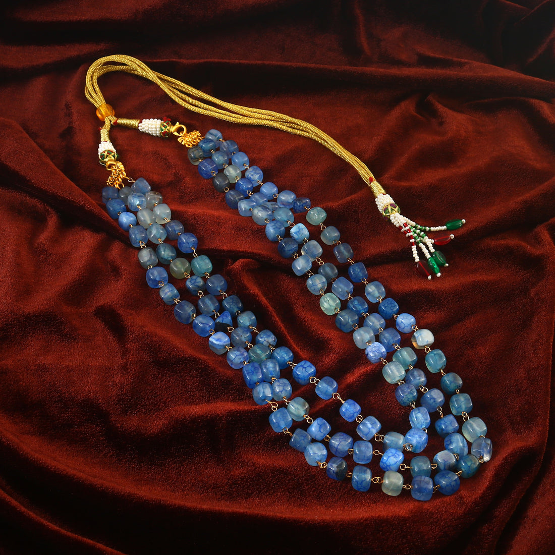 3 Layer Blue Kundan Beads Necklace