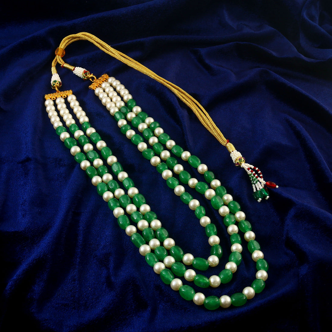Green and Pearl Kundan Beads Necklace with Layered Bead Strands
