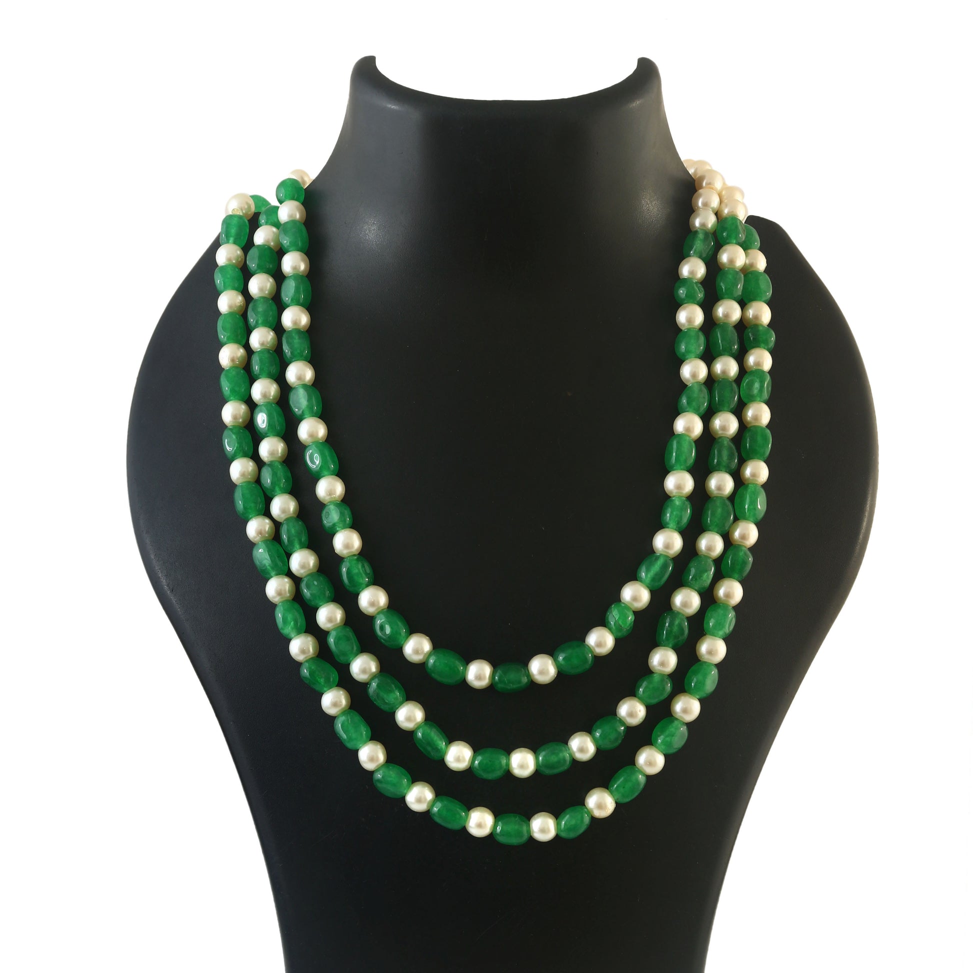 Green and Pearl Kundan Beads Necklace with Layered Bead Strands