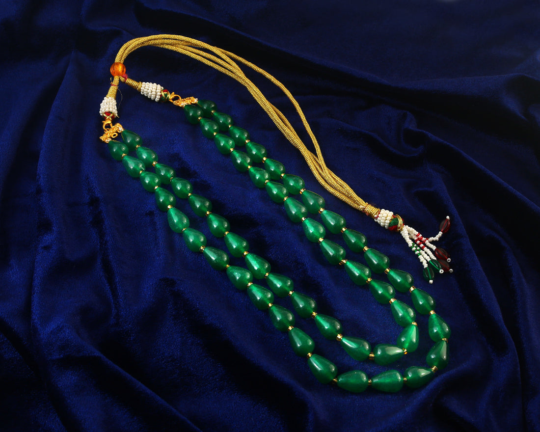 Green and Gold Kundan Beads Necklace with Layered Bead Strands