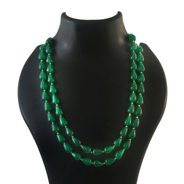 Green and Gold Kundan Beads Necklace with Layered Bead Strands