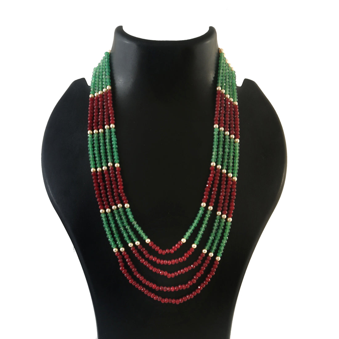 Red and Green Kundan Beads Necklace with Layered Strands