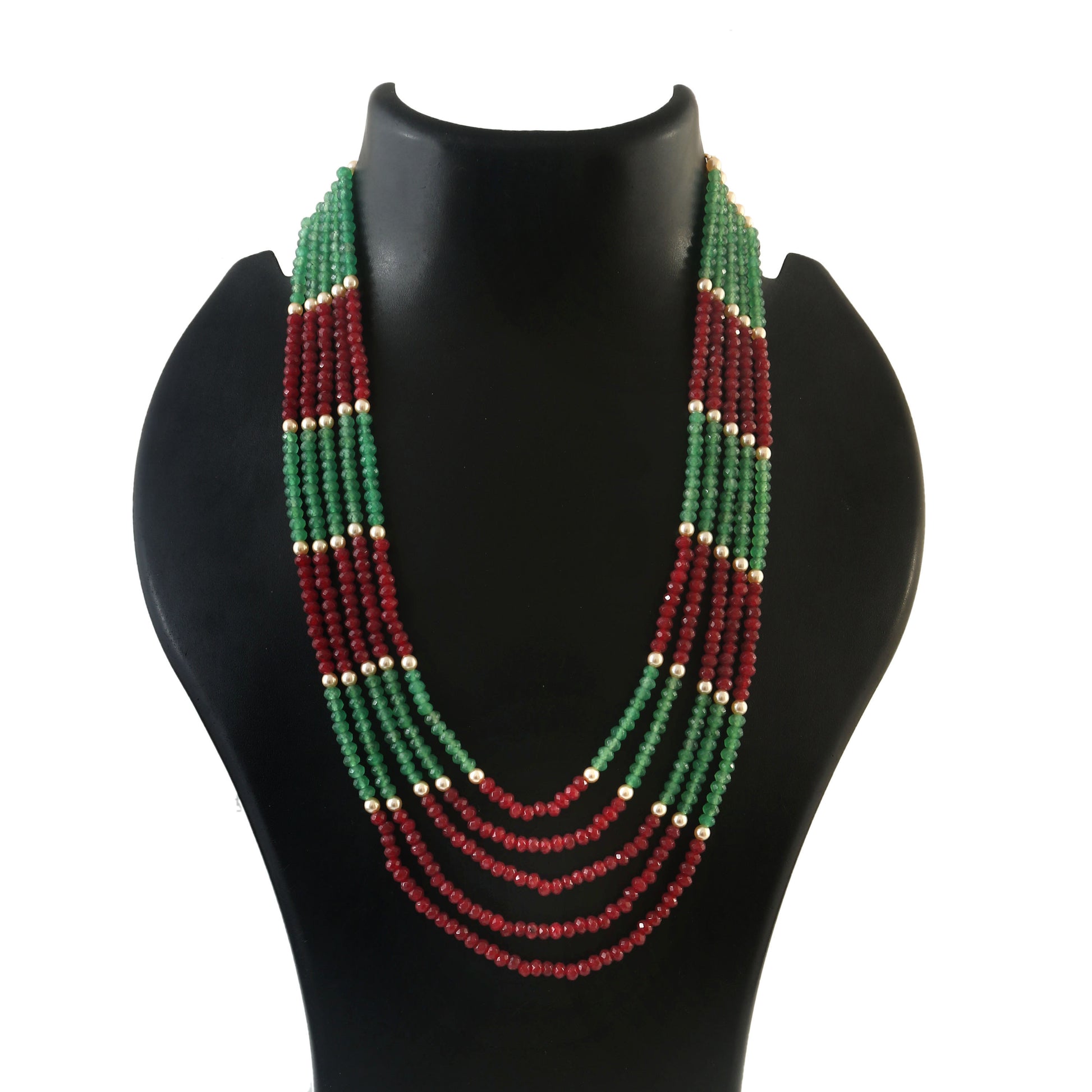 Red and Green Kundan Beads Necklace with Layered Strands