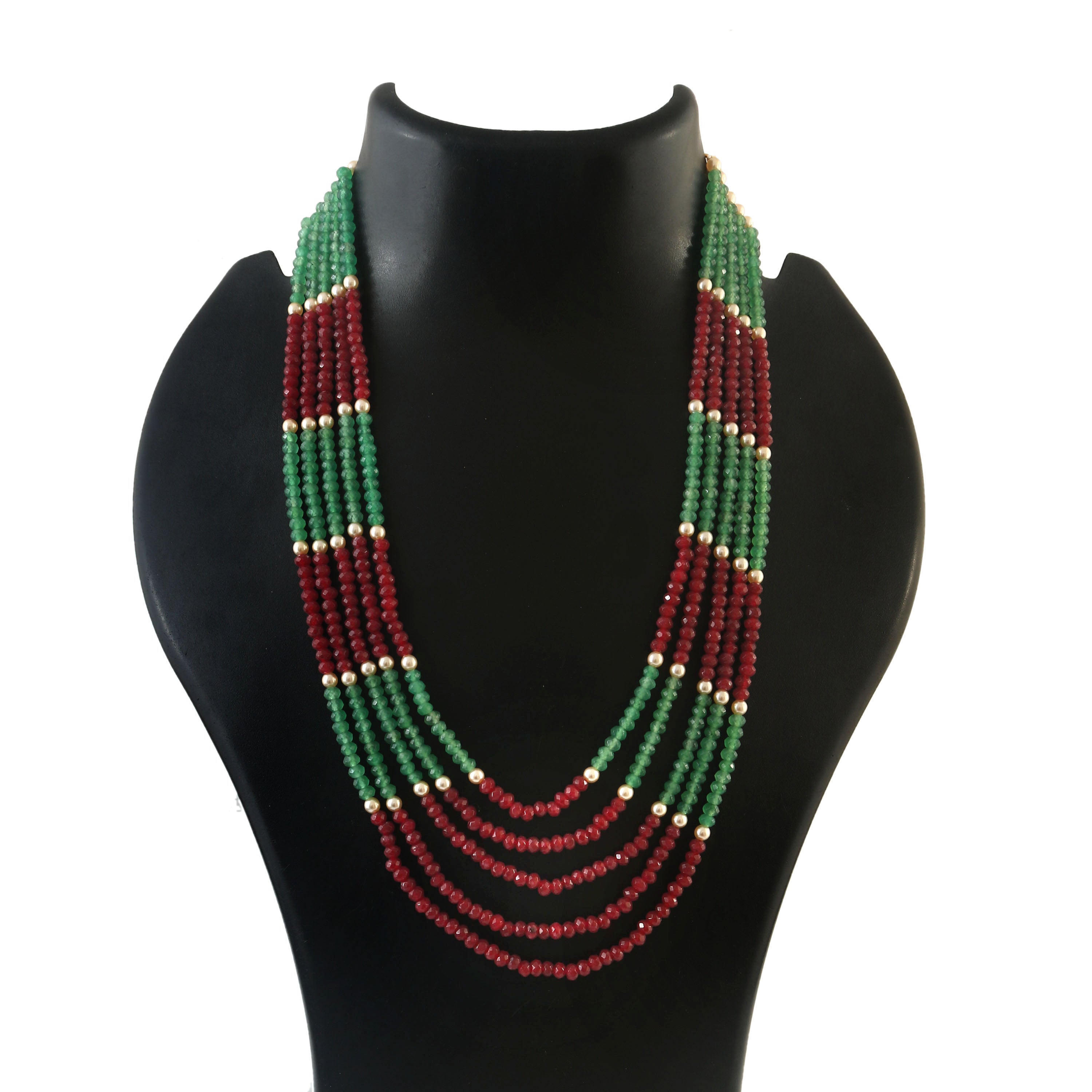 Red and Green Kundan Beads Necklace with Layered Strands