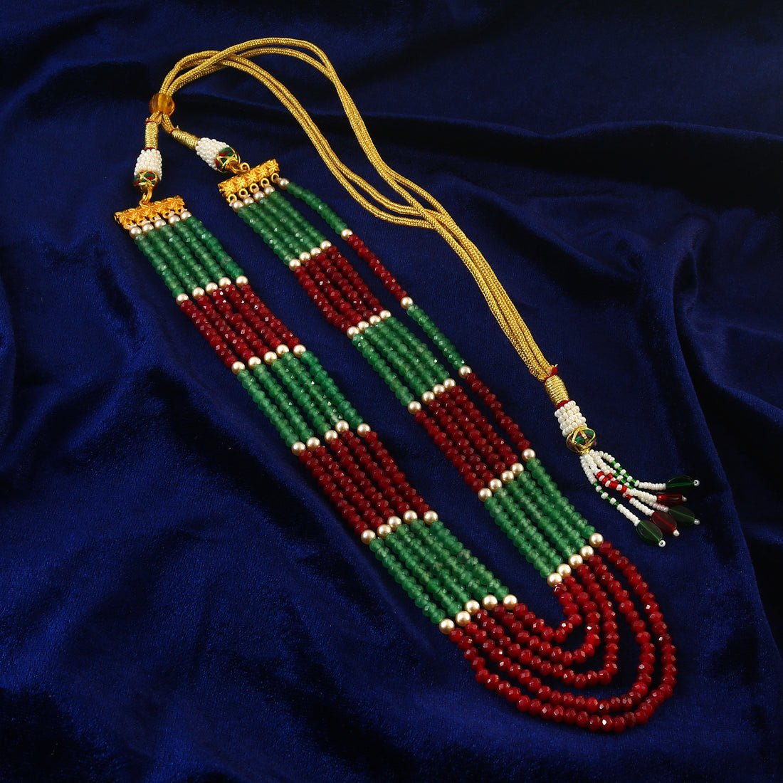 Red and Green Kundan Beads Necklace with Layered Strands