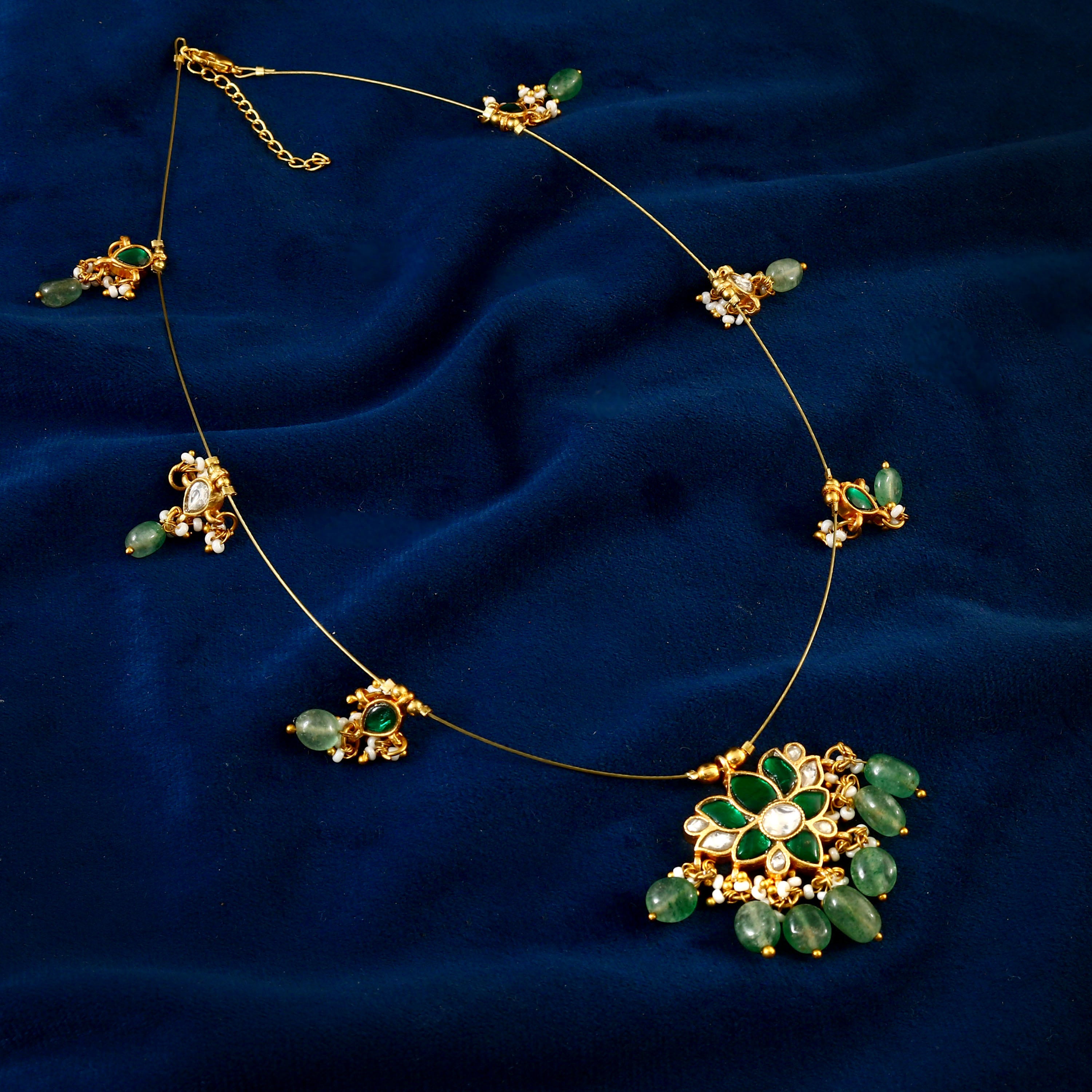NK-111 - Green Lotus Jadau Kundan Necklace with Emerald