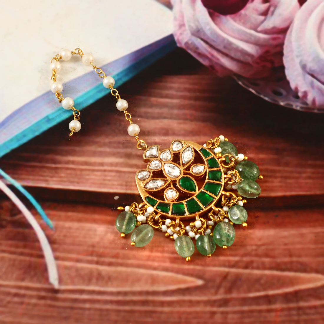Kundan Maang Tikka with Intricate Gold Design and Green Beads