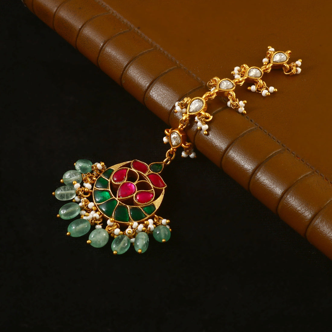 Gold Kundan Maang Tikka with Green and Red Enamel