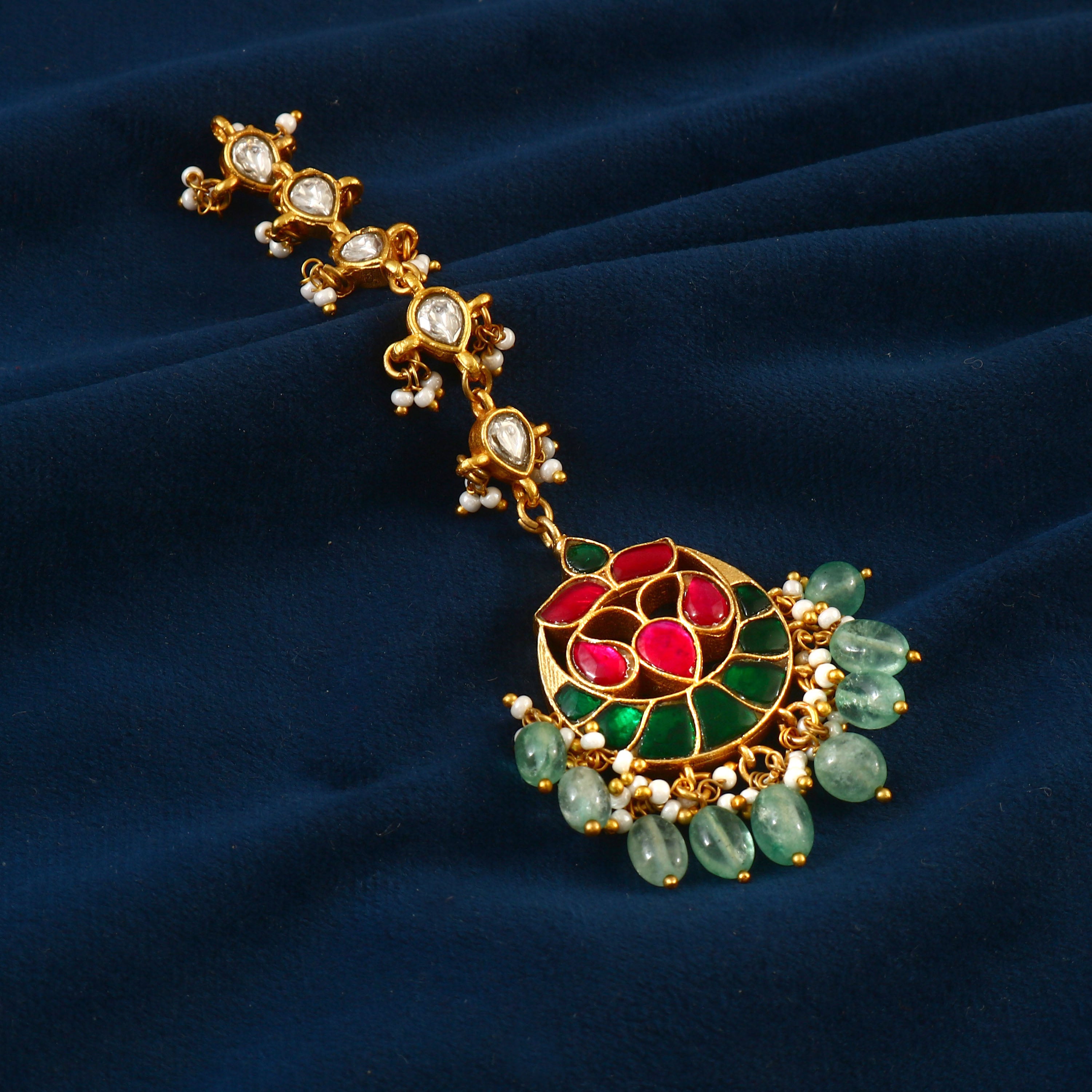 Gold Kundan Maang Tikka with Green and Red Enamel