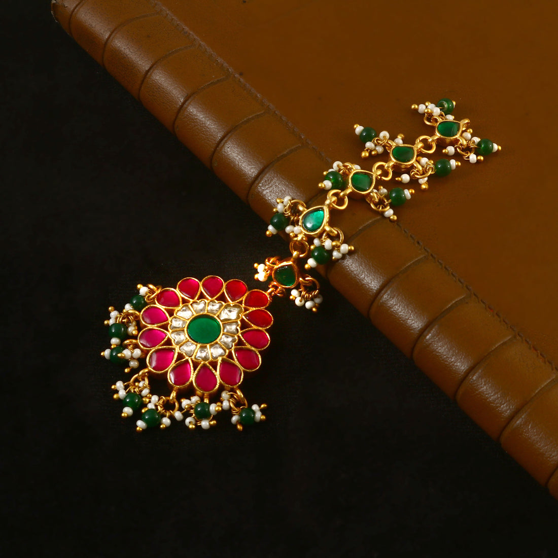 Gold Kundan Maang Tikka with Green and Red Stones