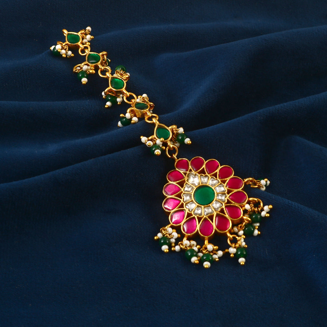 Gold Kundan Maang Tikka with Green and Red Stones