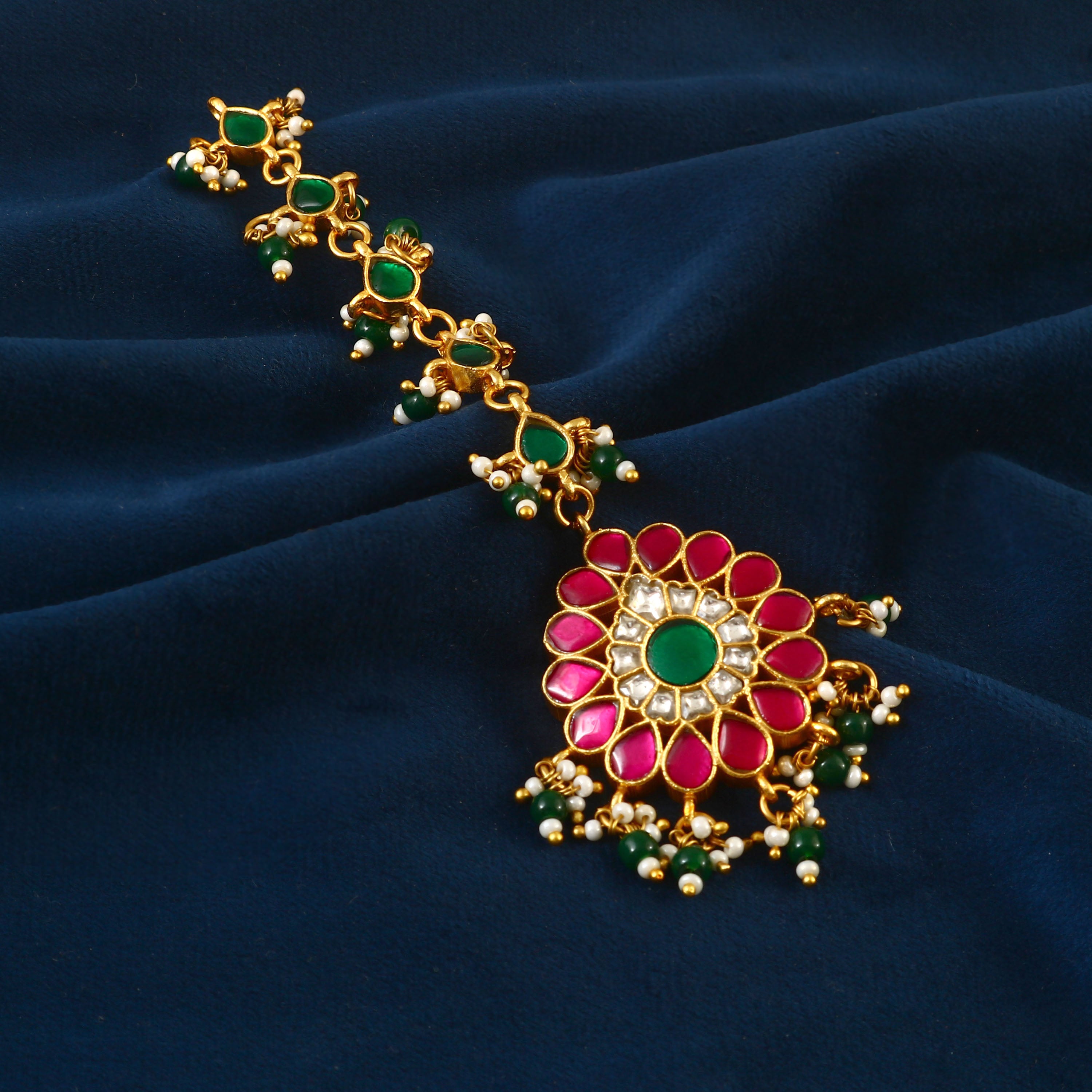 Gold Kundan Maang Tikka with Green and Red Stones