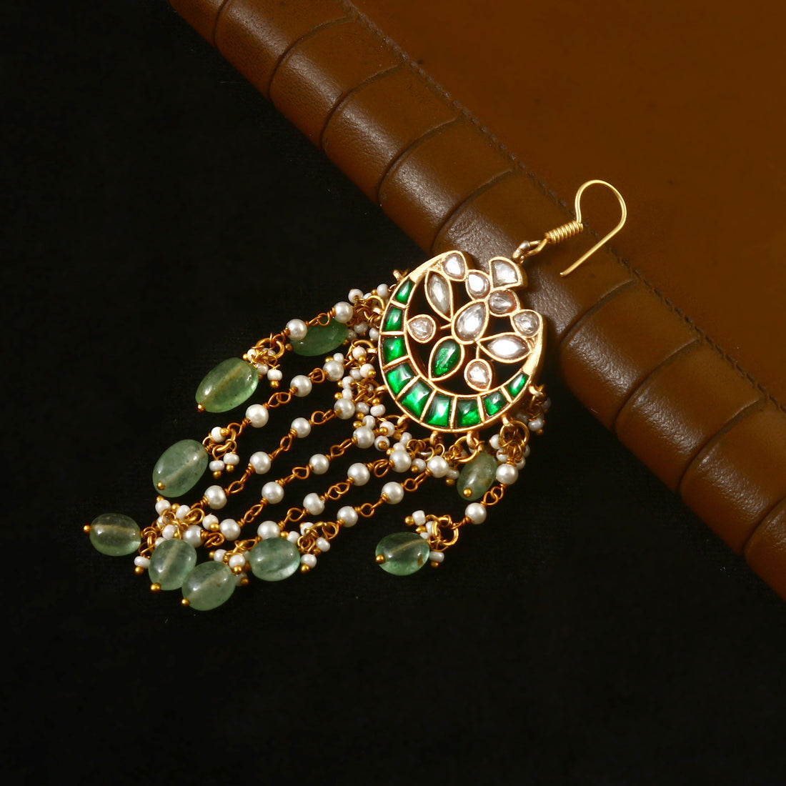 Kundan Maang Tikka with Gold Plating and Pearl Drops for Bridal Wear