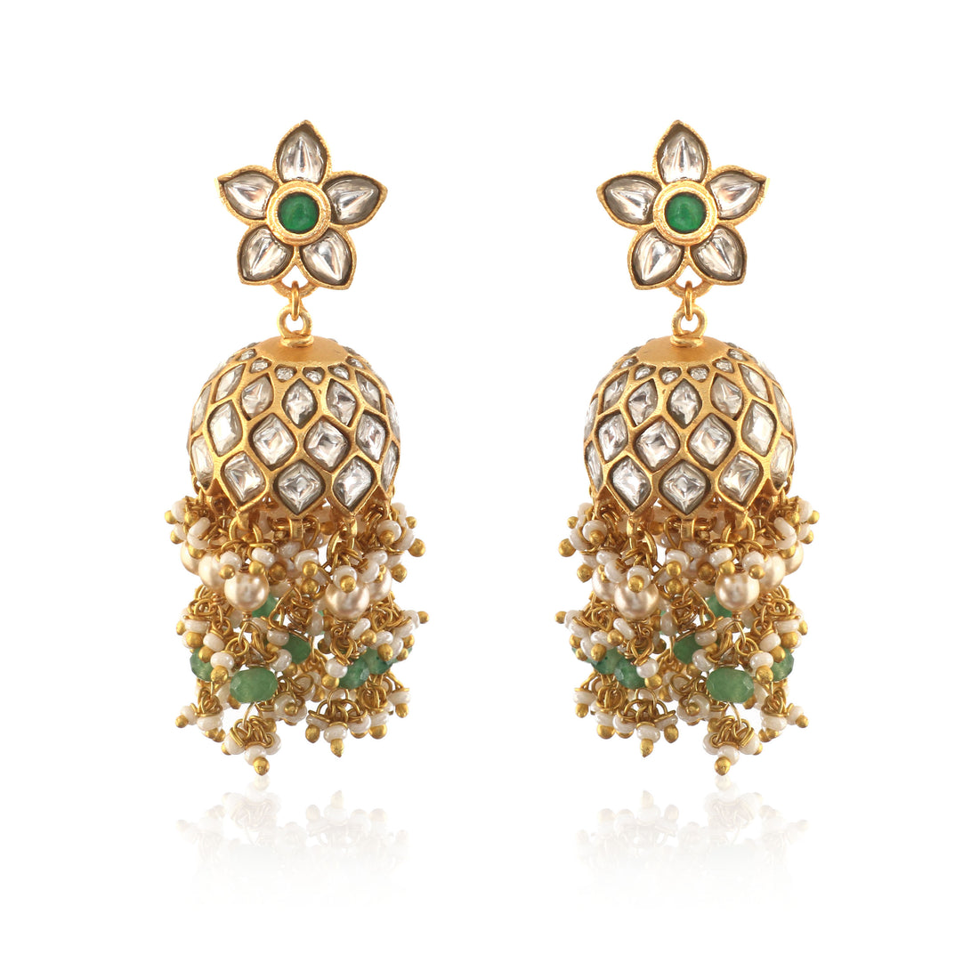 Gold Jadau Kundan Earrings with Green and White Beads