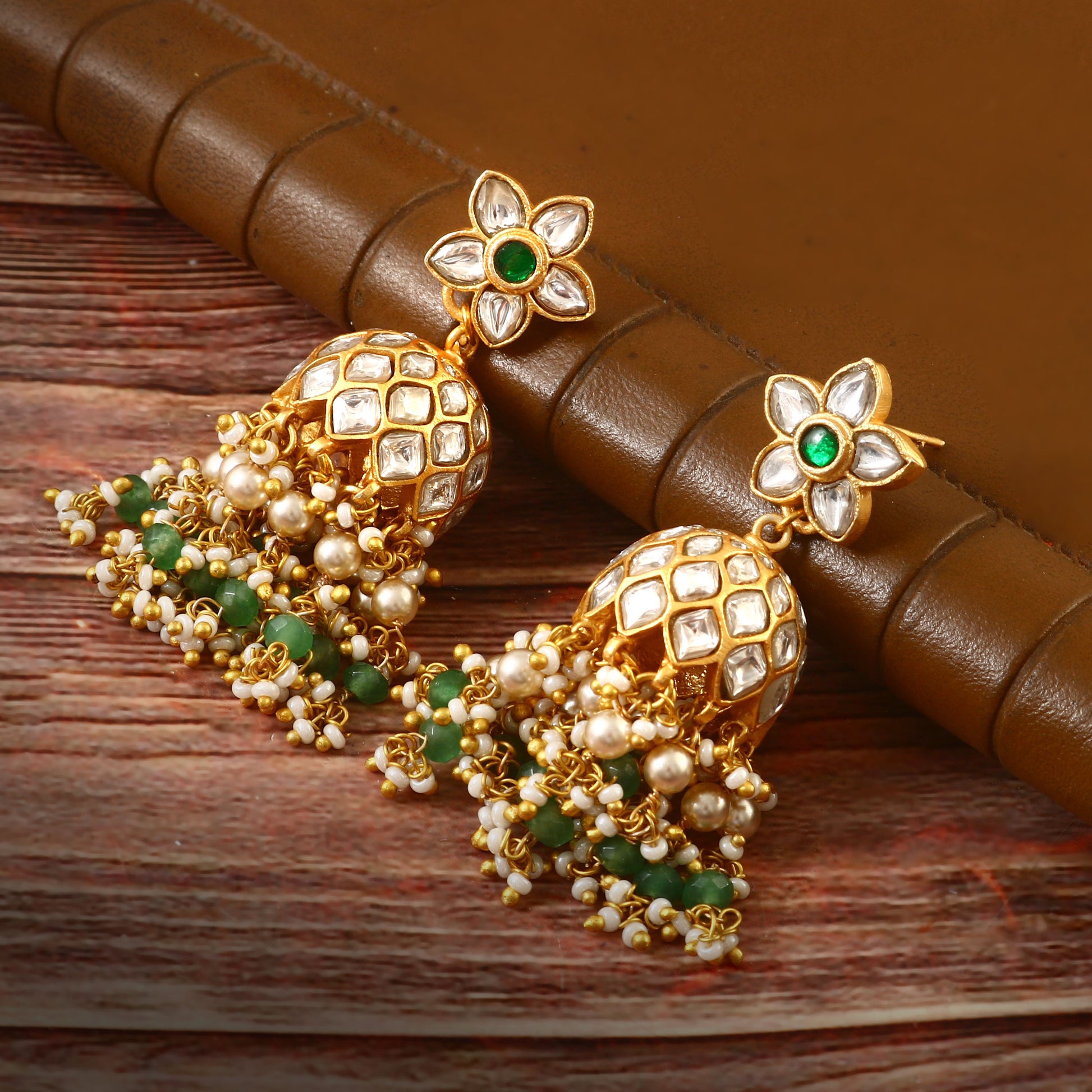 Gold Jadau Kundan Earrings with Green and White Beads