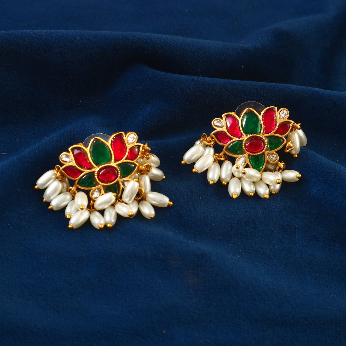 Gold Jadau Kundan Stud Earrings with Red and Green Enamel