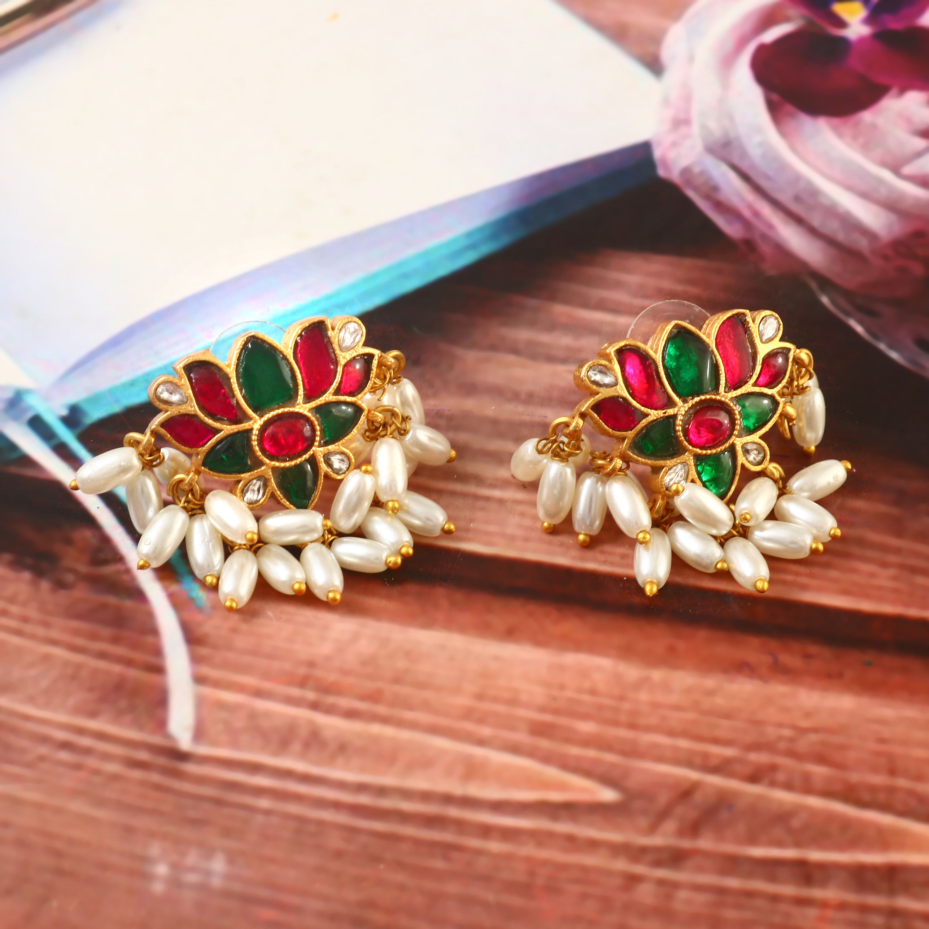 Gold Jadau Kundan Stud Earrings with Red and Green Enamel