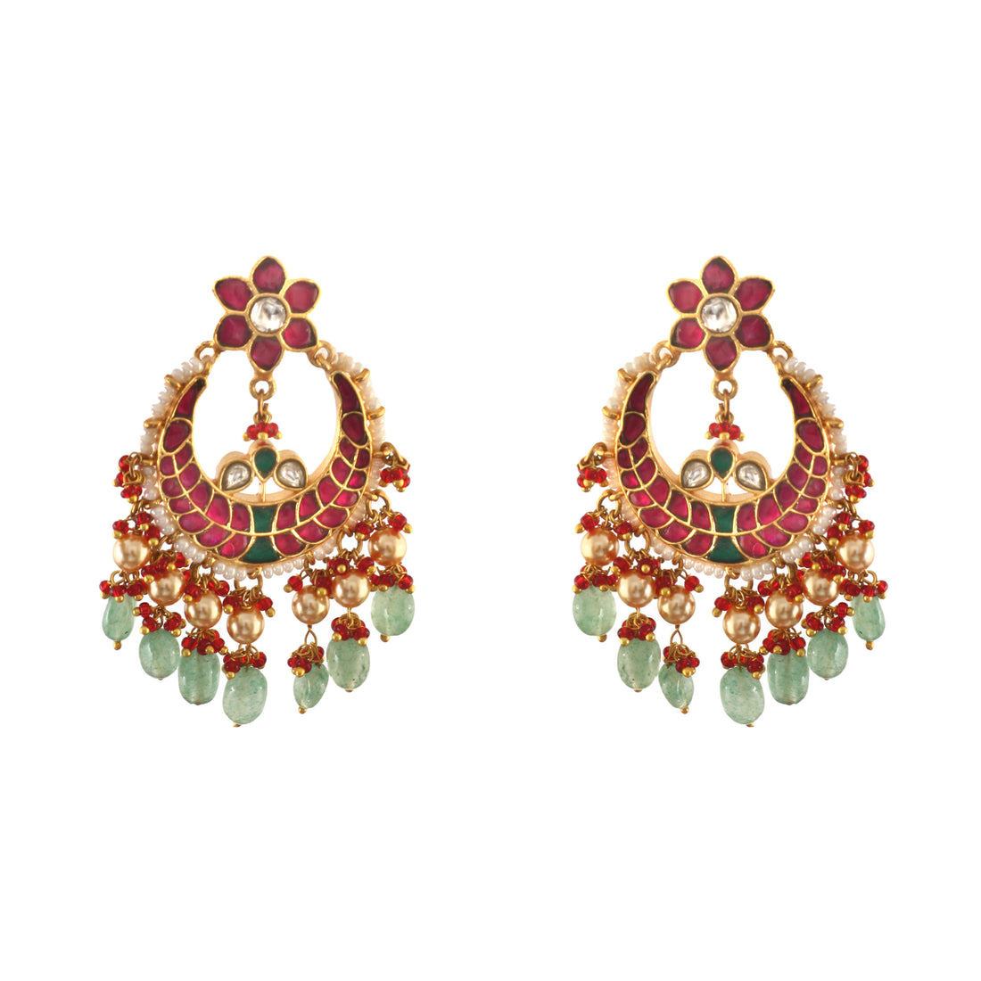 Gold Jadau Kundan Earrings with Red Flower Tops