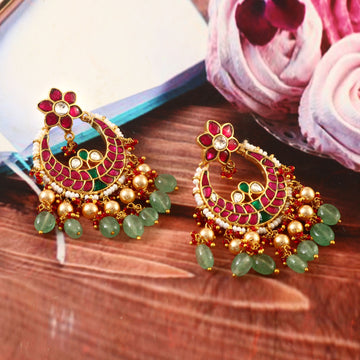 Gold Jadau Kundan Earrings with Red Flower Tops