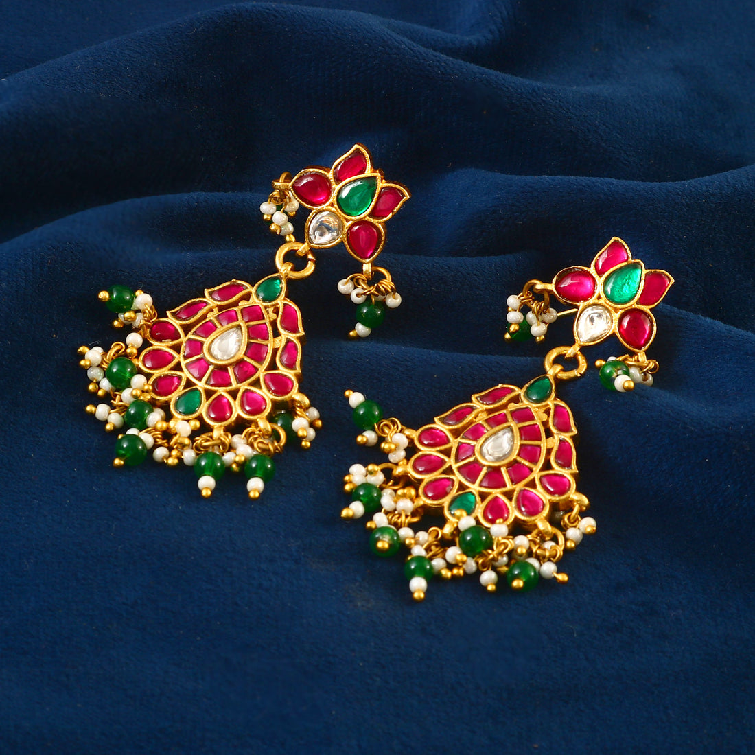 Traditional Gold Jadau Kundan Dangle Earrings with Red and Green Enamel
