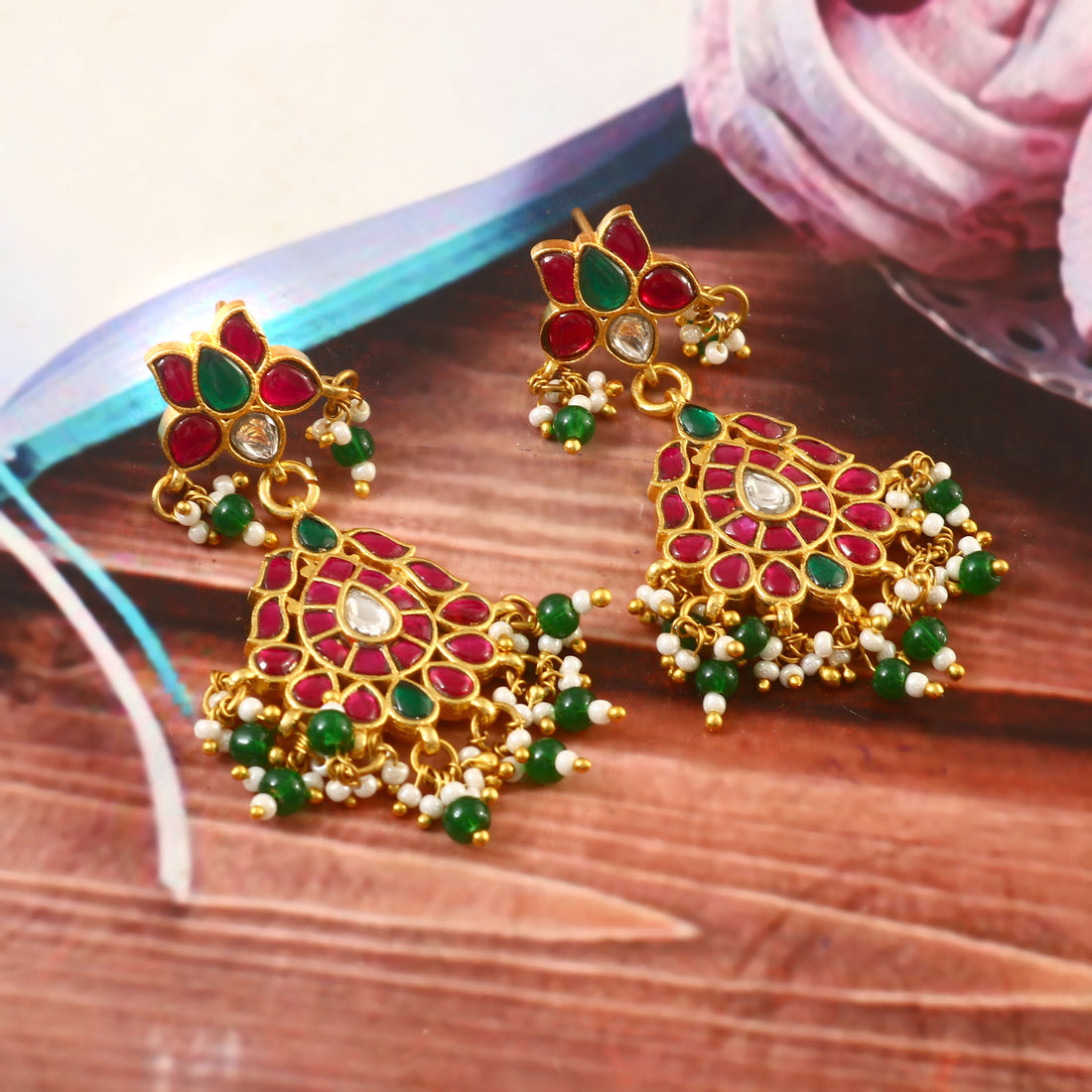 Traditional Gold Jadau Kundan Dangle Earrings with Red and Green Enamel