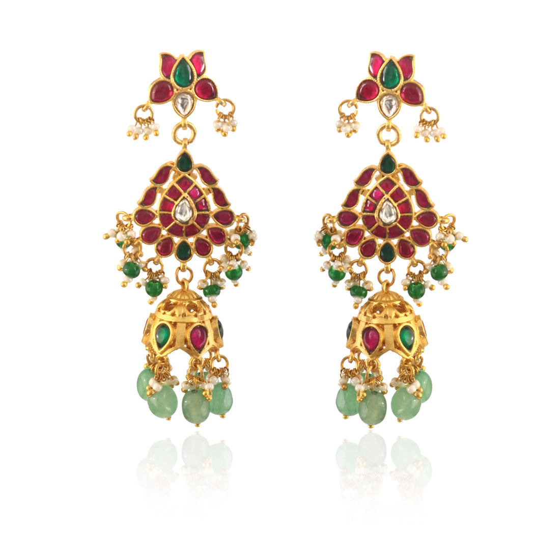 Gold Kundan Drop Earrings with White Stones and Colored Bead Tassels