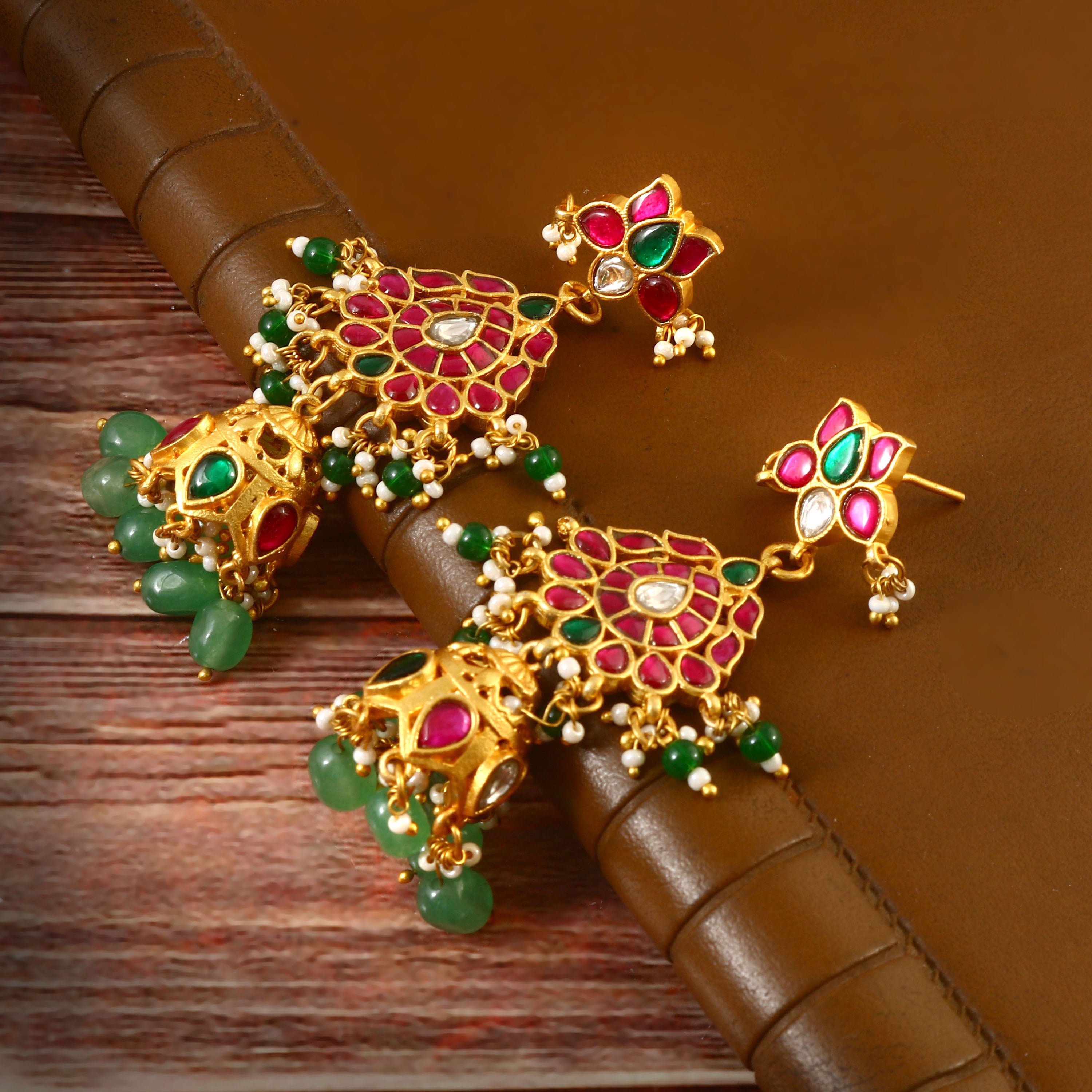 Gold Kundan Drop Earrings with White Stones and Colored Bead Tassels