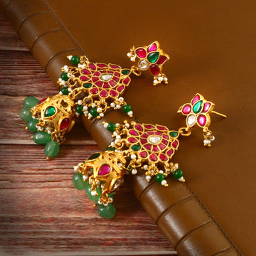 Gold Kundan Drop Earrings with White Stones and Colored Bead Tassels