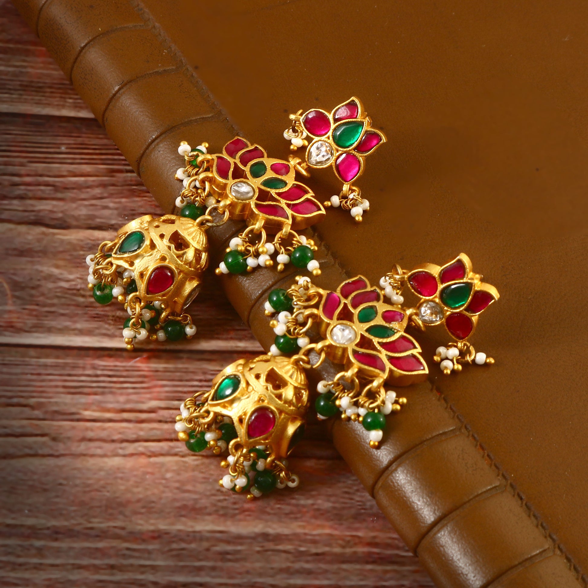 Gold Jadau Kundan Jhumka Earrings with Red and Green Enamel Floral Tops