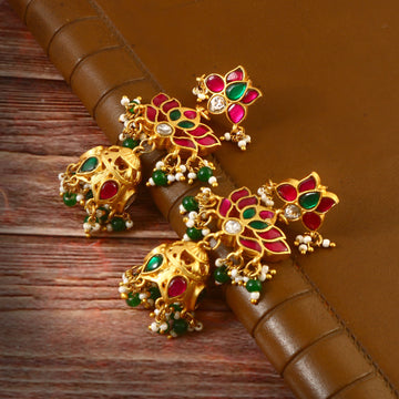 Gold Jadau Kundan Jhumka Earrings with Red and Green Enamel Floral Tops