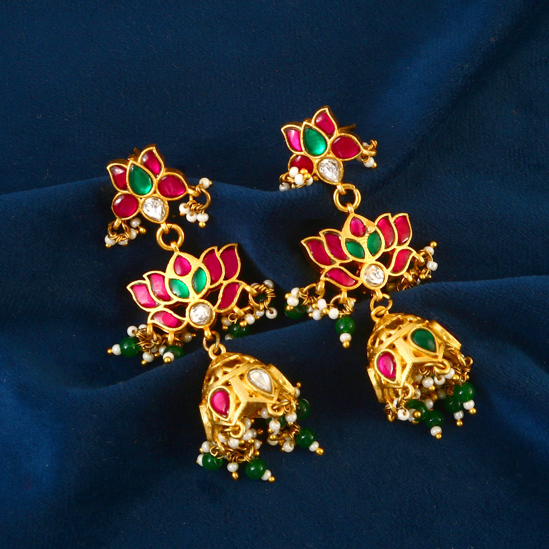Gold Jadau Kundan Jhumka Earrings with Red and Green Enamel Floral Tops