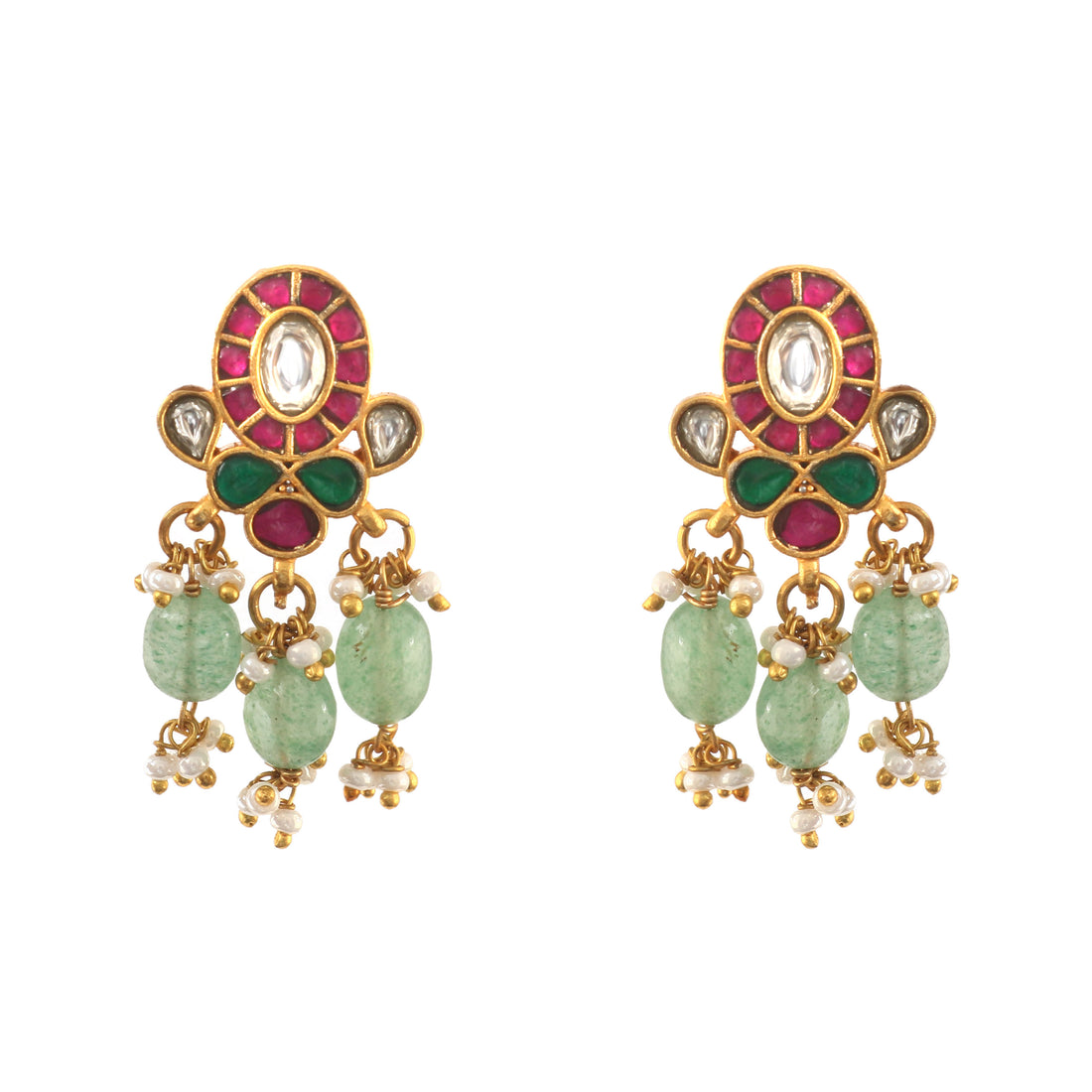 Gold Kundan Earrings with White Stones and Colored Bead Drops